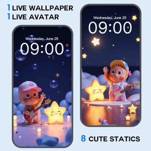 Könnte beinhalten: Zwei Telefonbildschirme, die eine Nachtszene mit einer Zeichentrickfigur, die Gitarre spielt, Sternen und der Uhrzeit 09:00 Uhr anzeigen. Der Text oben lautet "1 LIVE WALLPAPER 1 LIVE AVATAR". Der Text unten lautet "8 CUTE STATICS".