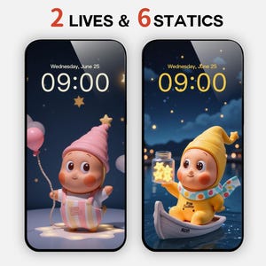 2 Leben 6 Statik Cute Boy Wallpaper Set | Gelber Stern Ästhetik Static + Live Wallpapers | Van Gogh Himmel Mond Thema
