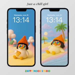 キュートでクールなアヒルのスマホ壁紙 - 美しいビーチダックアート、サマーバイブスのロック画面、デジタルダウンロード