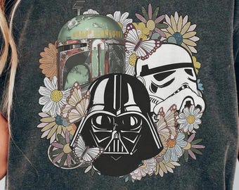 Camiseta floral vintage de Star Wars, camiseta de Star Wars con colores cómodos, camiseta floral de Star Wars, Darth Vader, Stormtrooper, Boba Fett, camiseta de Star Wars