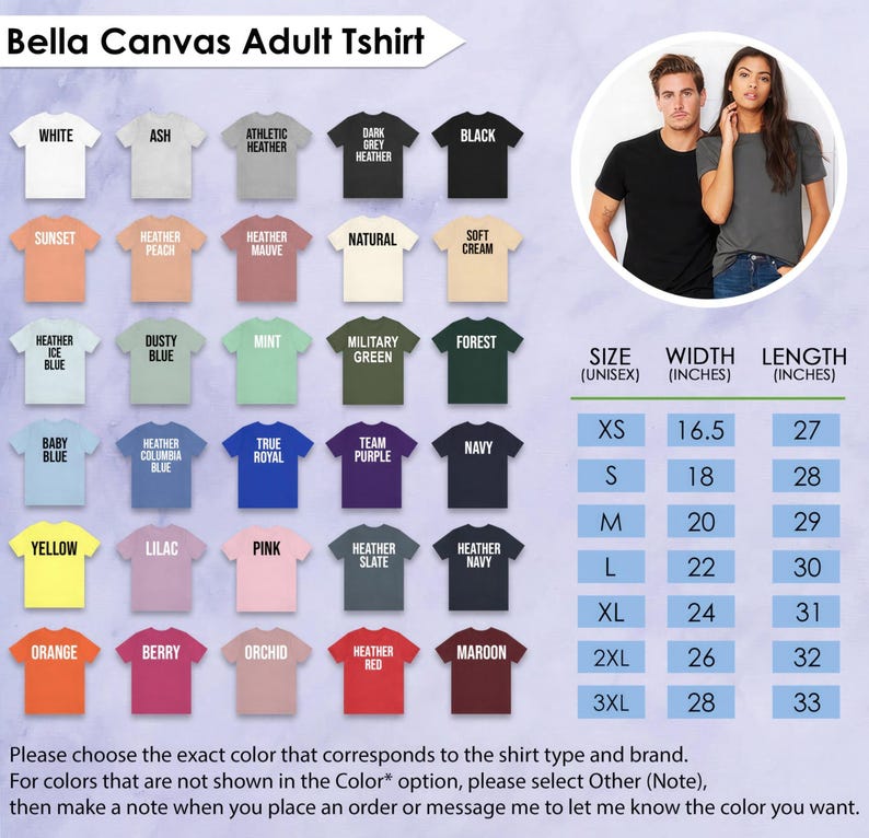 May include: A product image showcasing a variety of Bella Canvas adult t-shirts in various colors, including white, black, and heather grey. The image also includes a size chart with measurements in inches, ranging from XS to 3XL, with widths from 16.5 to 28 inches and lengths from 27 to 33 inches.