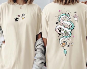 Studio Ghibli 2 Sided Shirt, Spirited Away, Totoro, Howl's Moving Castle, Kiki, Kodama, Susuwatari, Calcifer, Gift for Anime Lovers