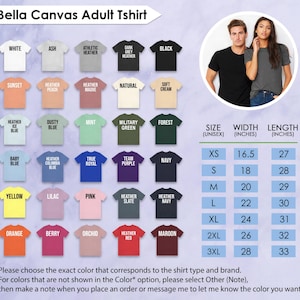 May include: Image of Bella Canvas adult t-shirts in a range of colours, such as white, black, and heather grey. A size chart is included, with measurements in inches, from XS to 3XL. Widths range from 16.5 to 28 inches, and lengths from 27 to 33 inches.