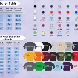 K&ouml;nnte beinhalten: Ein Produktbild mit einer Gr&ouml;&szlig;entabelle f&uuml;r T-Shirts f&uuml;r Kleinkinder und Sweatshirts/Hoodies f&uuml;r Erwachsene. Die Tabelle enth&auml;lt Gr&ouml;&szlig;en-, Breiten- und L&auml;ngenmessungen in Zoll sowie eine Farbpalette.