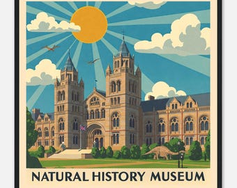 Ingelijste poster natuurhistorisch museum, vintage architecturale kunstprint met dinosaurus en pterosaurus, unieke London Wall Art, woondecoratiecadeau