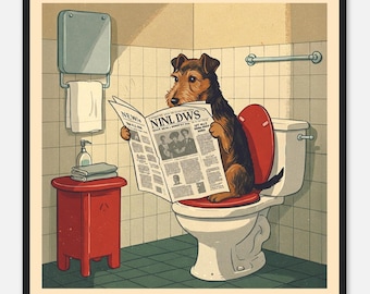 Lámina vintage de perro para baño – Arte divertido enmarcado para baño – Perro leyendo el periódico – Decoración retro de pared con perro – Regalo original para baño