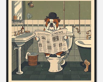 Lámina vintage de perro para baño – Arte divertido enmarcado para baño – Perro leyendo el periódico – Decoración retro de pared con perro – Regalo original para baño