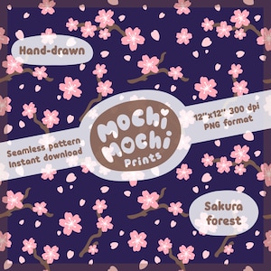 Sakura Cherry Blossom Midnight Seamless Pattern Instant Download 300 DPI PNG Digital Papers Vinyl Fabric Surface Design Spring Pattern File