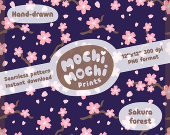 May include: A seamless pattern featuring pink cherry blossoms on a dark blue background. The pattern is 12 inches by 12 inches and 300 dpi. The text "Mochi Mochi Prints" is in a brown oval with a pink heart. The text "Sakura forest" is in the bottom right corner.