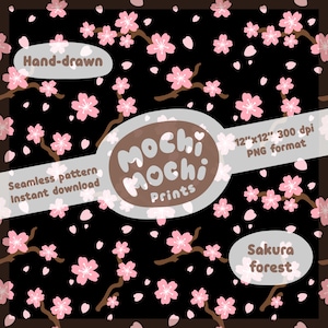 Sakura Cherry Blossom Black Seamless Pattern Instant Download 300 DPI PNG Digital Papers Vinyl Fabric Surface Design Spring Pattern File