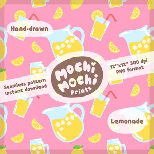 May include: A seamless pattern featuring a pitcher and glasses of lemonade, lemons, and the text "Mochi Mochi Prints" on a pink background.