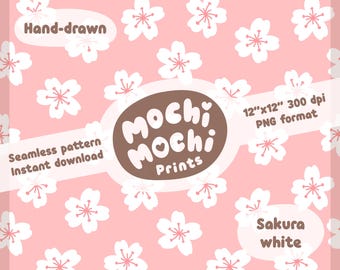 May include: A seamless pattern featuring hand-drawn white cherry blossoms on a pink background. The pattern is labelled "Mochi Mochi Prints" and includes the text "12"x12" 300 dpi PNG format" and "Sakura white".