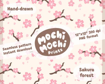 May include: A seamless pattern featuring pink cherry blossoms on a light beige background. The pattern is surrounded by a brown oval with the text "Mochi Mochi Prints" in white. The text "12"x12" 300 dpi PNG format" is in white on a brown rectangle. The text "Hand-drawn" is in white on a brown rectangle. The text "Seamless pattern Instant download" is in white on a brown rectangle. The text "Sakura forest" is in white on a brown rectangle.
