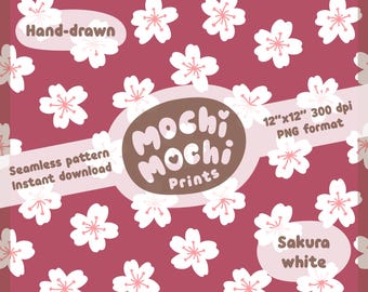 May include: A digital seamless pattern with white cherry blossom illustrations on a deep pink backdrop. The image includes the text "Hand-drawn", "Seamless pattern Instant download", "Mochi Mochi Prints", "12"x12" 300 dpi PNG format", and "Sakura white".