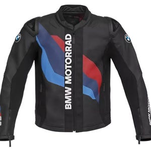May include: Black motorcycle jacket featuring the BMW Motorrad logo and a colour block design in red, blue, and white. The jacket has a zip closure and the BMW logo on the sleeves.