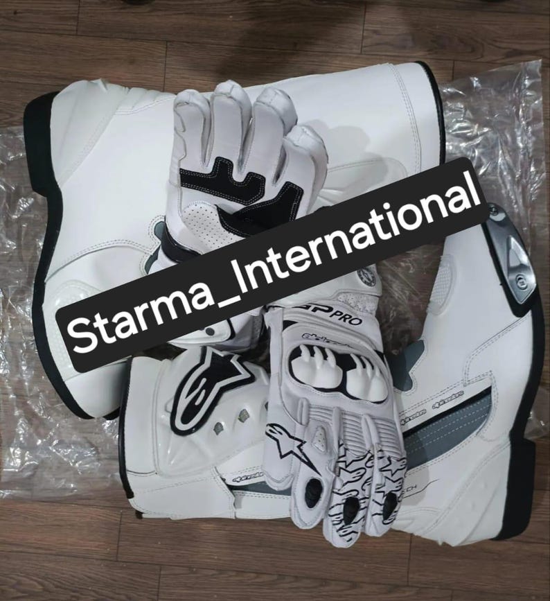 Alpinestars White Leather GP Pro Racing Gloves and Boots Set | Protective Biker Gear | Track & Street Riding Gear