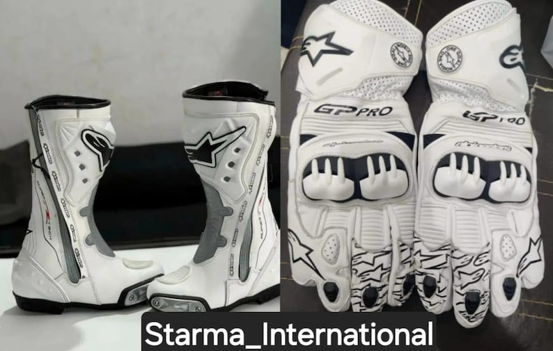 Alpinestars White Leather GP Pro Racing Gloves and Boots Set | Protective Biker Gear | Track & Street Riding Gear