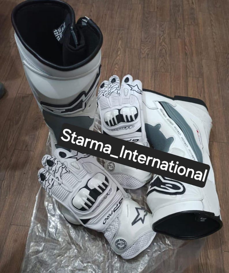Alpinestars White Leather GP Pro Racing Gloves and Boots Set | Protective Biker Gear | Track & Street Riding Gear