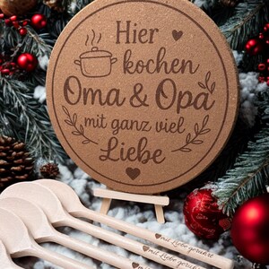 Topfuntersetzer Kork Kochlöffel Holz lasergraviert personalisiert Untersetzer Geschenk Einweihung Einzug Geburtstag Weihnachten Silvester