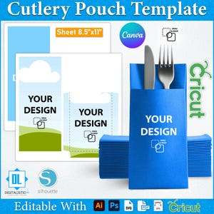 May include: A blue cutlery pouch template with the text "YOUR DESIGN" and a drag and drop graphic. The image includes a knife and fork in a blue pouch, and the text "Sheet 8.5"x11"" is visible. The template is editable with Ai, Ps, SVG, PDF, and EPS.