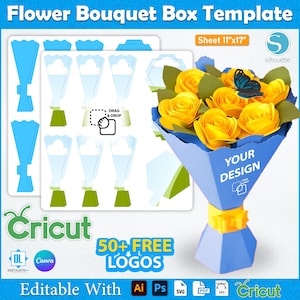 May include: A blue flower bouquet box template with a yellow ribbon and a bouquet of yellow paper roses. The template is editable with Ai, Ps, SVG, PDF, and EPS. The sheet size is 11"x17". Includes 50+ free logos.