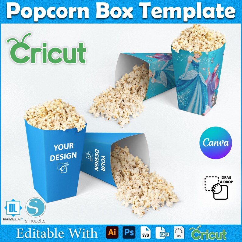 May include: Popcorn box template with blue boxes filled with popcorn. One box has a princess design, and another has the text "YOUR DESIGN". The Cricut and Canva logos are also visible.