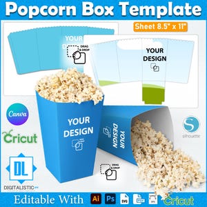 May include: A blue popcorn box template with the text "Your Design" and "Drag & Drop". The image includes a box filled with popcorn, a flat template, and logos for Canva, Cricut, and Silhouette. The sheet size is 21.6 cm x 27.9 cm.