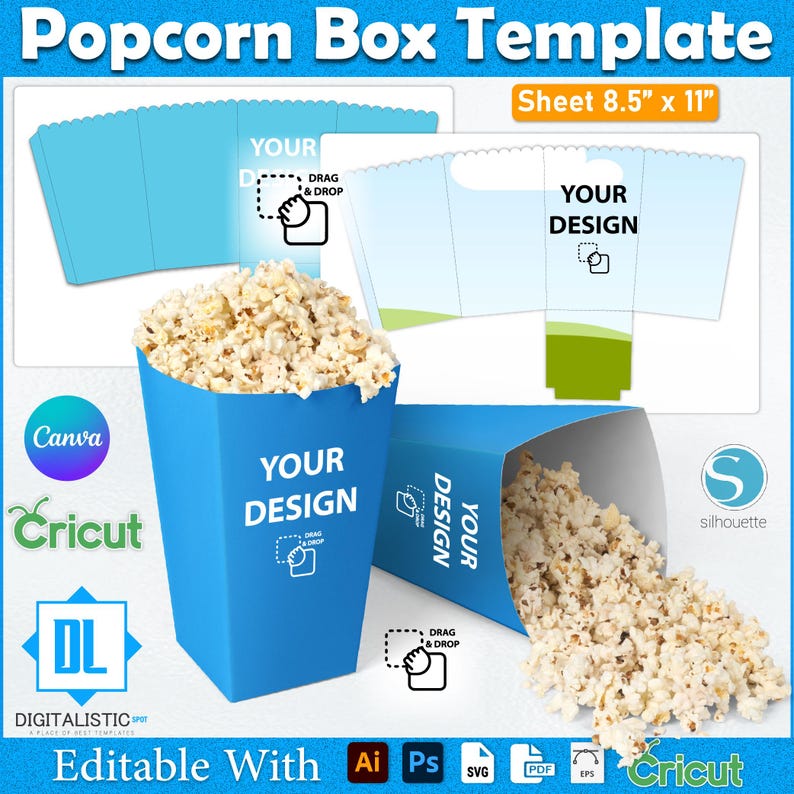 May include: A blue popcorn box template with the text "Your Design" and "Drag & Drop". The image includes a box filled with popcorn, a flat template, and logos for Canva, Cricut, and Silhouette. The sheet size is 21.6 cm x 27.9 cm.
