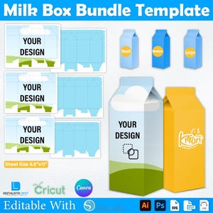 Milk Box Template Bundle, Carton Box svg, Milk  Box SVG, Gift Box Blank Template, Party Favors, Canva Editable Milk Box Tall Box, Milk Pack