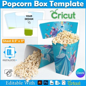May include: A popcorn box template with a blue and white design, featuring a princess theme. The image includes a flat template, a filled box, and the text "Sheet 21.6 cm x 27.9 cm" and "Editable With". The Cricut logo is also visible.