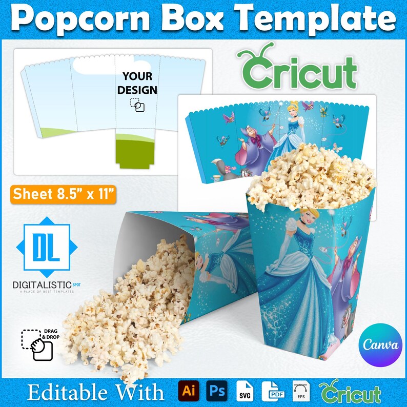 May include: A popcorn box template with a blue and white design, featuring a princess theme. The image includes a flat template, a filled box, and the text "Sheet 21.6 cm x 27.9 cm" and "Editable With". The Cricut logo is also visible.
