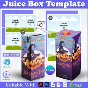 May include: A Halloween-themed juice box template with a purple and orange color scheme. The design features a jack-o'-lantern, witch hat, and the text "Halloween Party." The template includes areas for custom designs and is labeled "Sheet 8.5"x11".