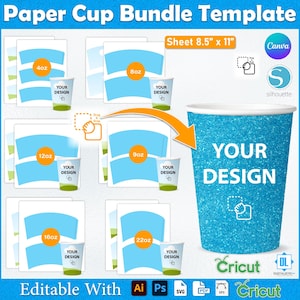 Paper Cup Template, 6 Sizes Paper Cup Template  Bundle, Paper Cup wrapper Bundle, Paper Coffee Cup Template, Party Favor, Disposable Cup