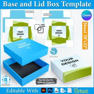 Puede incluir: Plantilla de caja con base y tapa azul con el texto "YOUR DESIGN" en la tapa. La imagen muestra una caja abierta, revelando el interior negro. El texto "Base and Lid Box Template" se encuentra en la parte superior.
