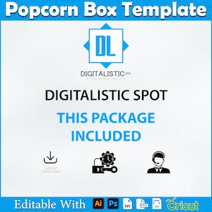 May include: A digital popcorn box template with the text "Popcorn Box Template" at the top. The design includes the "Digitalistic Spot" logo and the words "This Package Included". Icons for instant download, a lock, and a customer service representative are also present.