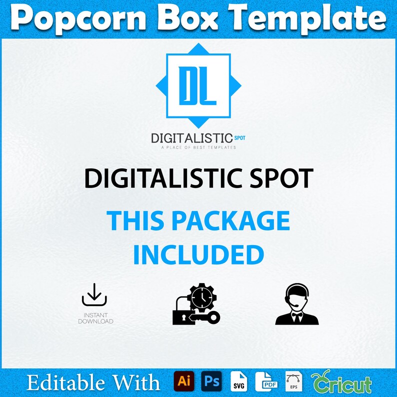 May include: A digital popcorn box template with the text "Popcorn Box Template" at the top. The design includes the "Digitalistic Spot" logo and the words "This Package Included". Icons for instant download, a lock, and a customer service representative are also present.