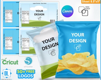 May include: A chip bag label template with a blue background and the words "YOUR DESIGN" in white. The image includes a bag of chips, a Canva logo, and icons for drag and drop functionality. The template is editable with various software.