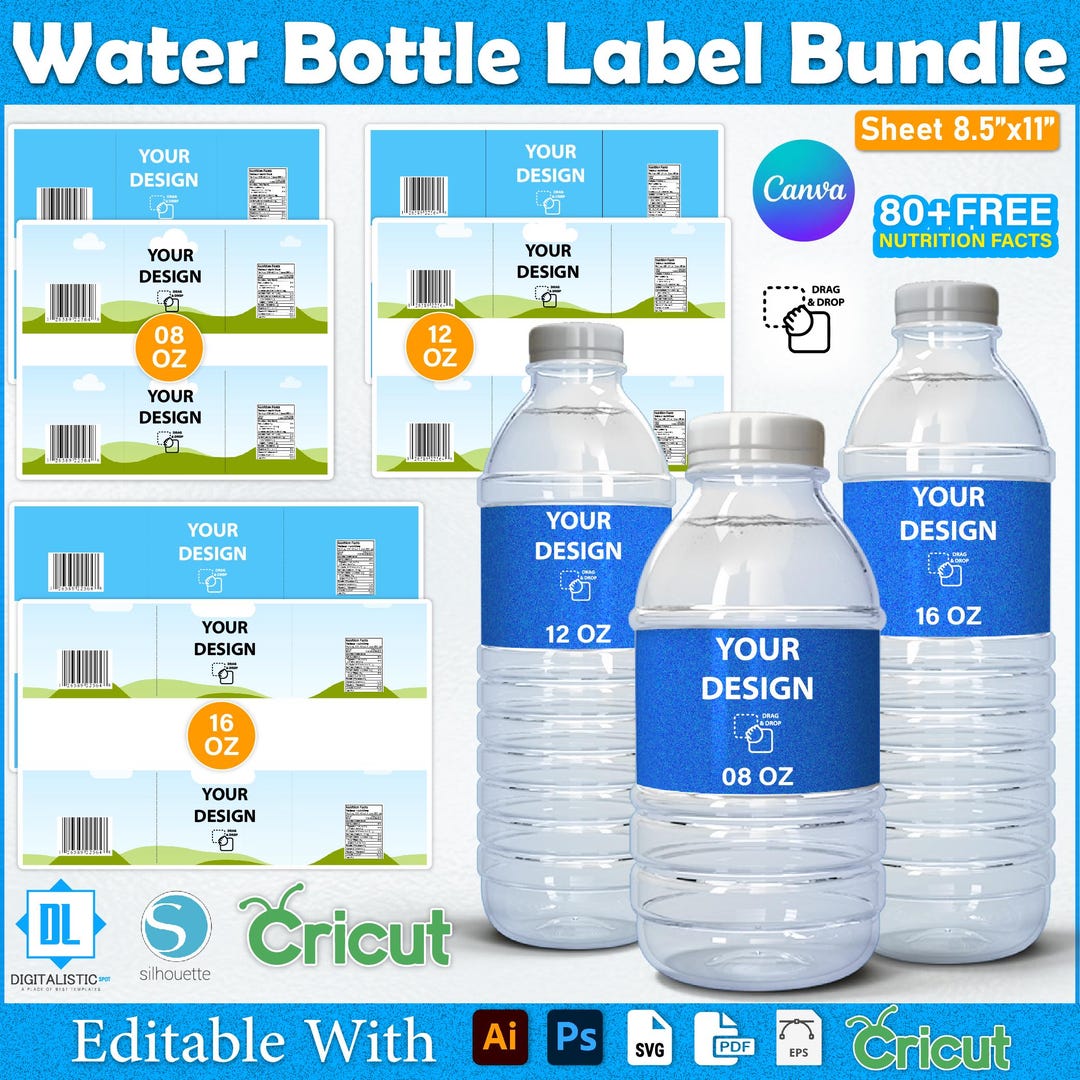 Water Bottle Label Template, 8,12,16 Oz Water Bottle Label Bundle ...