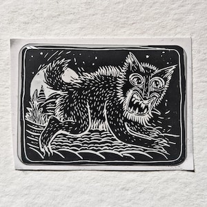 Linocut Print “Midnight Growl” | A4 Black and White Art | Mythical Creature Illustration | Handmade | Limited Edition | Signed Print
