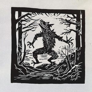 Linocut Print “Bugbear” | Mythical Creature Art | A4 | Folklore Horror Illustration | Handprinted | Limited Edition | Signed