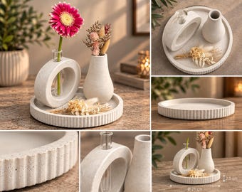 Concrete Decor Set, 3-Piece | Concrete Plates with 2 Vases | Handmade Concrete Vases | Modern Home Accessories