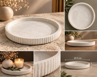 Round concrete tray 21 cm | Modern decorative tray | Minimalist decor | Ribbed concrete tray | Handmade home accessory
