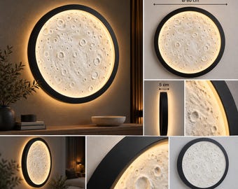 Large Moon Wall Lamp 80 cm | LED Designer Wall Art | 3D Moon Structure | Handmade Luxury Wall Light | Modern Interior Statement