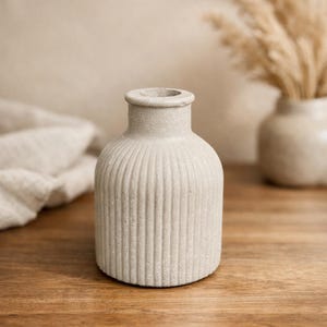 Könnte beinhalten: Eine kleine, hellgraue Vase mit vertikalen Rippendetails. Die Vase hat einen abgerundeten Körper und einen schmalen Hals. Die neutrale Farbe und die strukturierte Oberfläche verleihen ihr eine rustikale, minimalistische Ästhetik. Geeignet für kleine Blumen oder dekorative Stiele.
