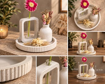 Concrete Decor Set, 3-Piece | Concrete Plate with Vase & Acrylic Tube | Handmade Decor | Modern Home Accessory