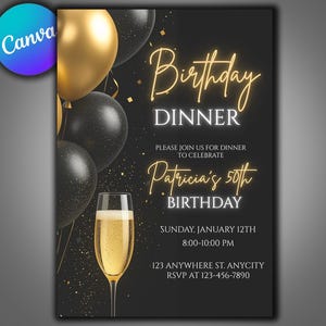 Black Tie Birthday Dinner Invitation: Glam Diamond Evite (Digital Download, Editable Canva Template)