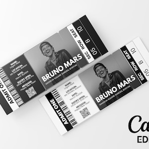 May include: Two black and white concert tickets for Bruno Mars at Madison Square Garden, Boston. The tickets include the date, time, and seat information. The tickets are labeled "Admit One" and feature a photo of Bruno Mars.