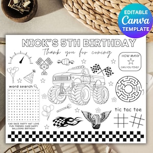 Customized Monster Truck Birthday Coloring Pages, Birthday Placemat Truck Party Favors, Truck Activity Worksheet, Custom Name Age Monster