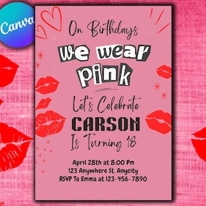 Plantilla editable de invitación para fiesta de cumpleaños inspirada en Chicas pesadas, invitación para fiesta de cumpleaños de Burn Book, invitación para fiesta de We Wear Pink