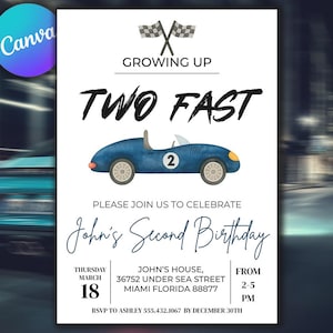 Editable TWO Fast Birthday Invitation Race Car 2nd Birthday Invite Racing Car Vintage Racecar Printable Template Instant Download